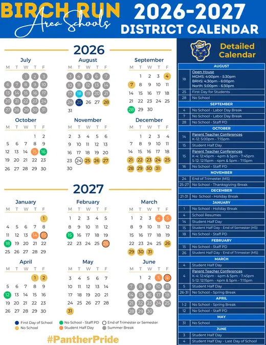 Birch Run Area Schools 2026–2027 Academic Calendar Page 1