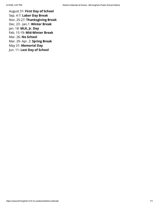 Birmingham Public School District 2020–2021 Academic Calendar