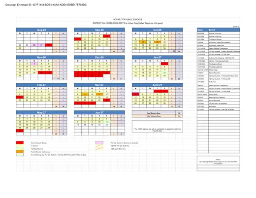 Boyne City Public Schools 2026–2027 Academic Calendar Page 1