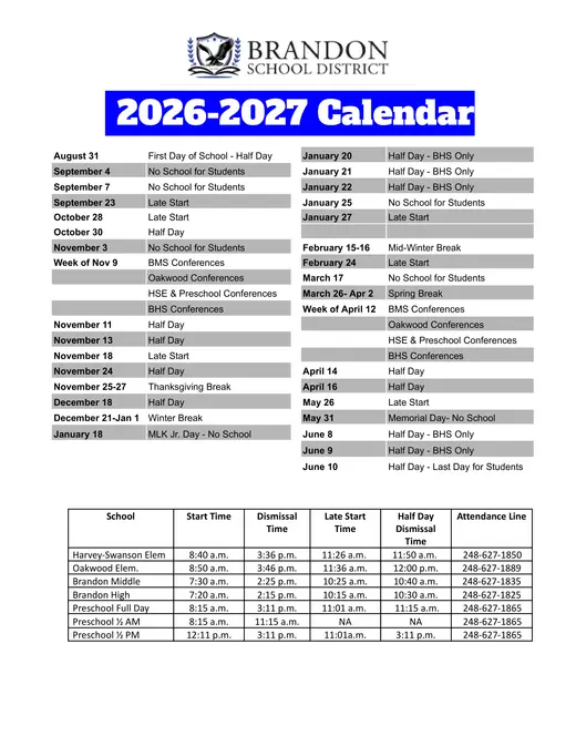 Brandon School District 2026–2027 Academic Calendar Page 1