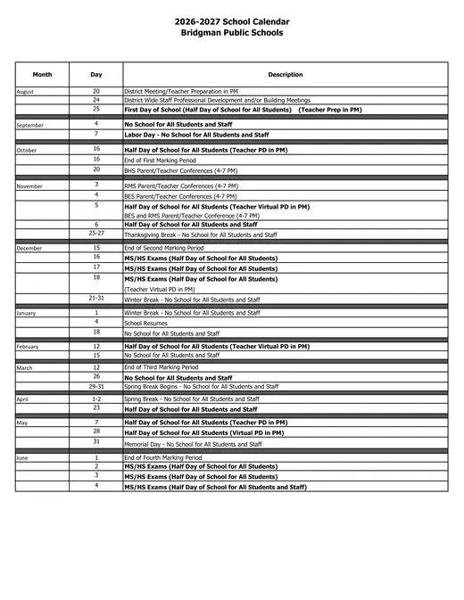 Bridgman Public Schools 2026–2027 Academic Calendar Page 1