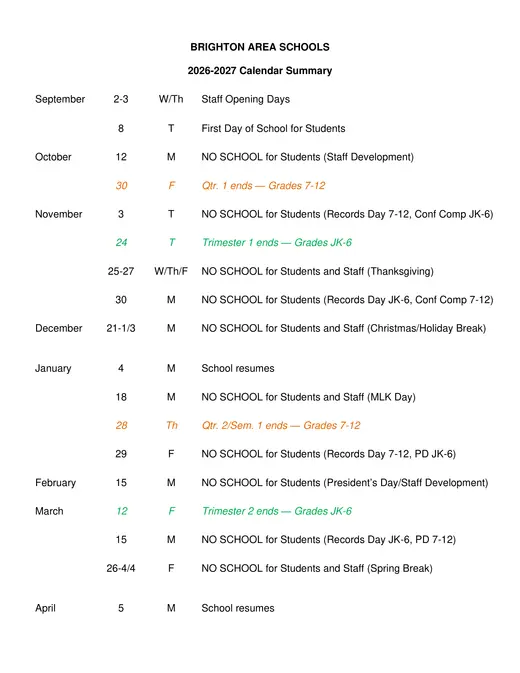 Brighton Area Schools 2026–2027 Academic Calendar Page 1