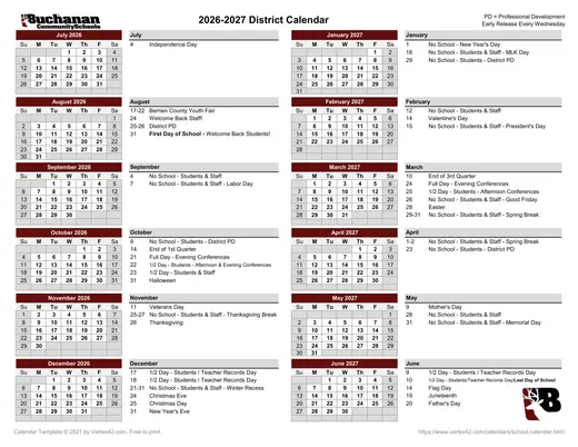 Buchanan Community Schools 2026–2027 Academic Calendar Page 1