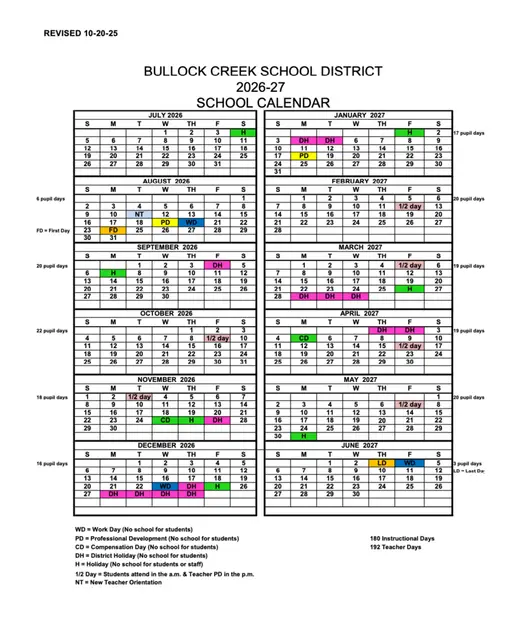 Bullock Creek School District 2026–2027 Academic Calendar Page 1