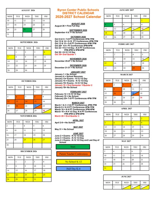 Byron Center Public Schools 2026–2027 Academic Calendar Page 1