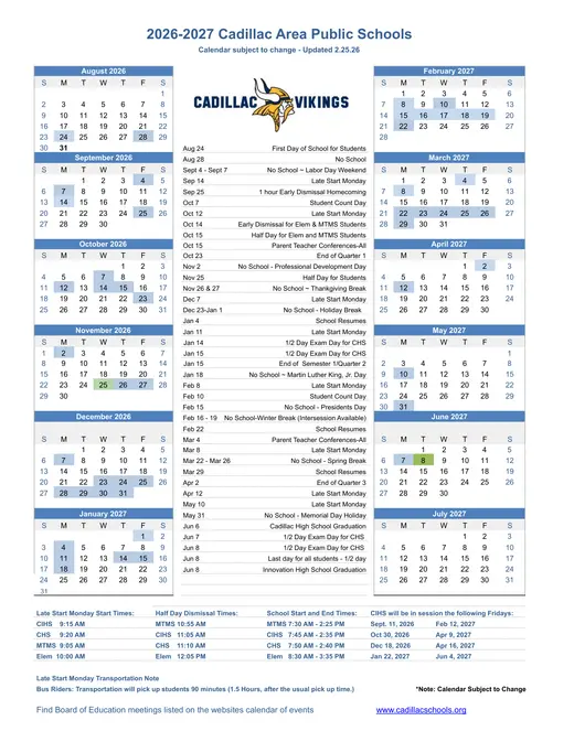 Cadillac Area Public Schools 2026–2027 Academic Calendar Page 1