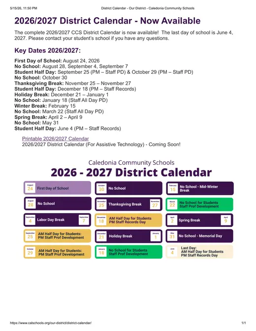 Caledonia Community Schools 2026–2027 Academic Calendar