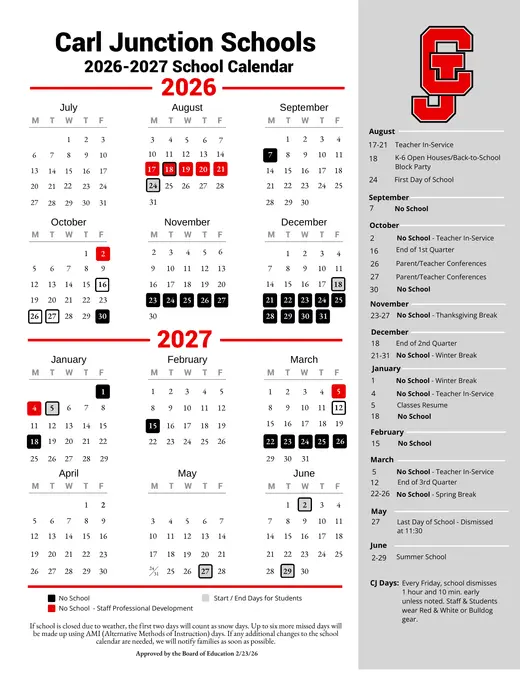 Carl Junction Schools 2026–2027 Academic Calendar Page 1
