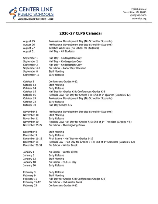 Center Line Public Schools 2026–2027 Academic Calendar Page 1