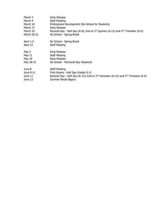 Center Line Public Schools 2026–2027 Academic Calendar Page 2