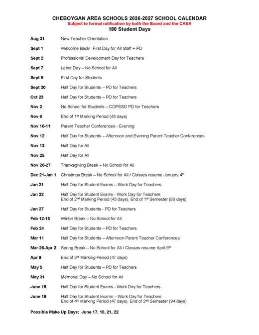 Cheboygan Area Schools 2026–2027 Academic Calendar Page 2