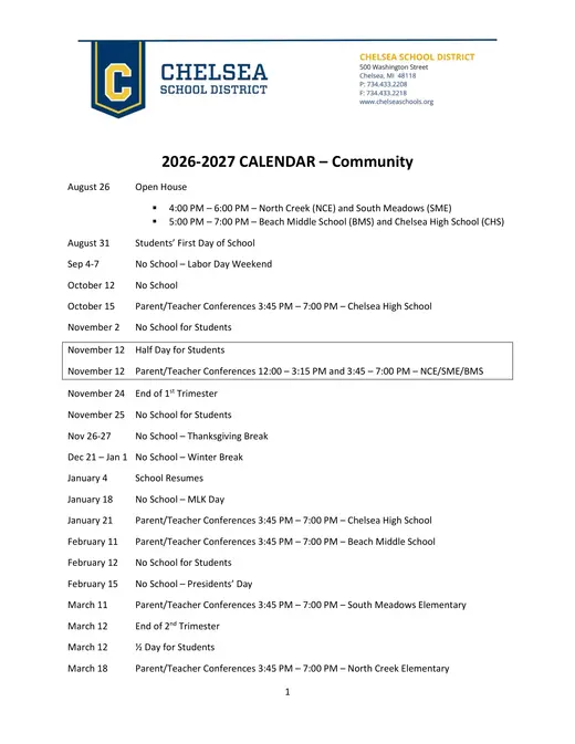 Chelsea School District 2026–2027 Academic Calendar Page 1