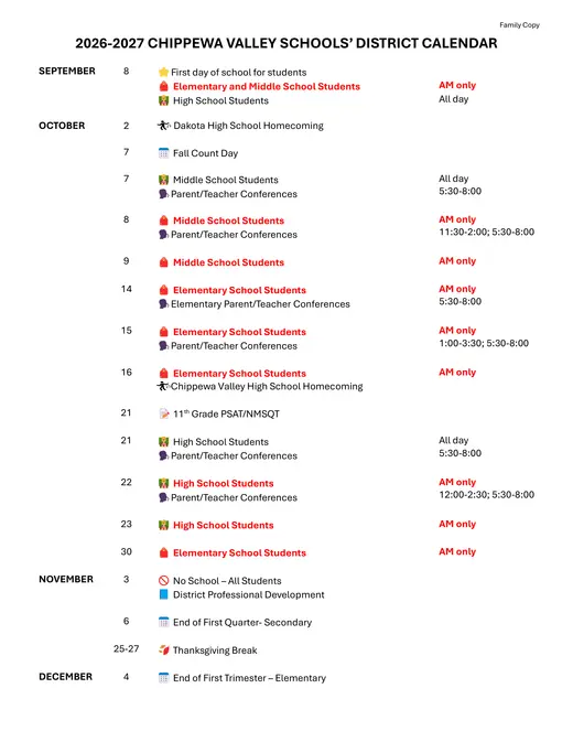 Chippewa Valley Schools 2026–2027 Academic Calendar Page 1