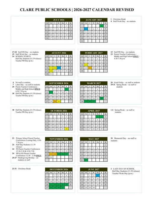 Clare Public Schools 2026–2027 Academic Calendar Page 1