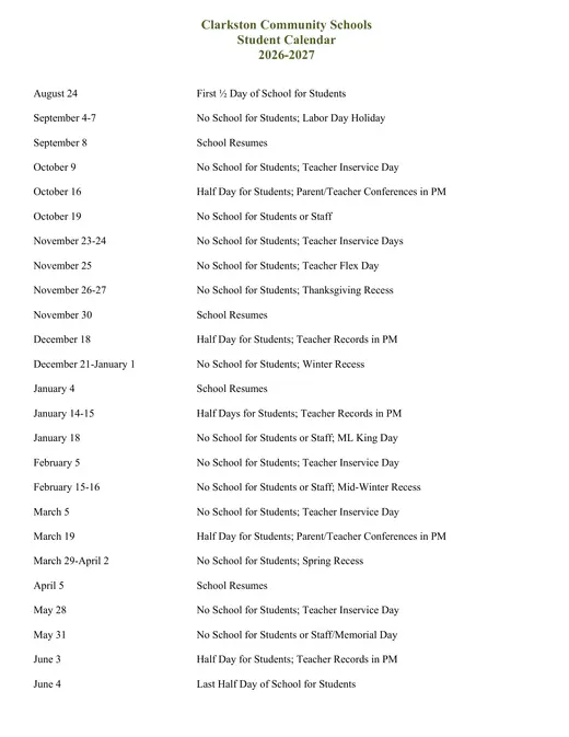 Clarkston Community Schools 2026–2027 Academic Calendar