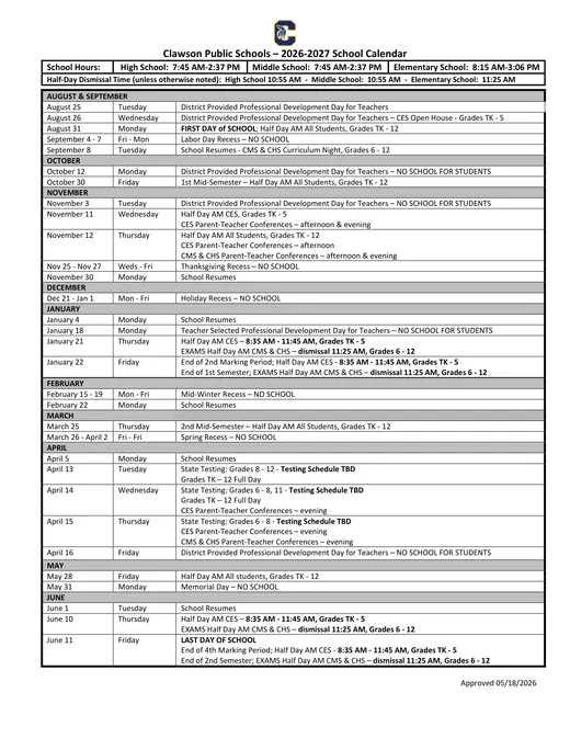 Clawson Public Schools 2026–2027 Academic Calendar Page 1