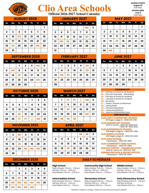 Clio Area Schools 2026–2027 Academic Calendar Page 1