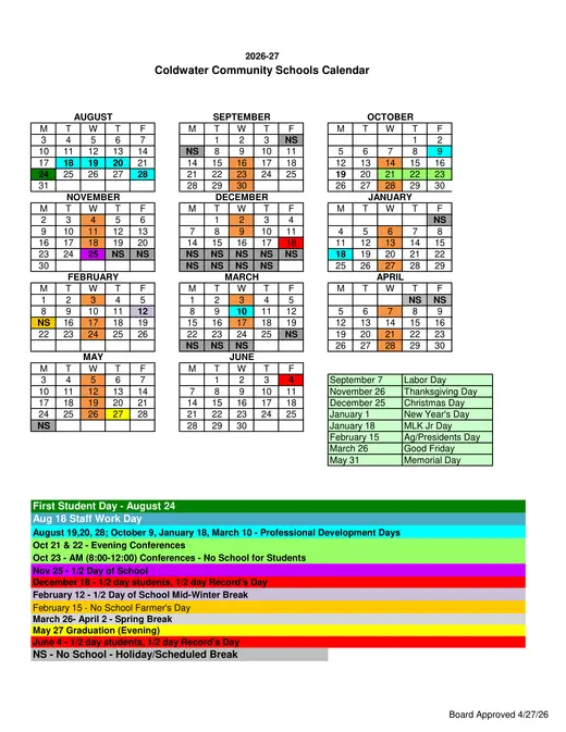 Coldwater Community Schools 2026–2027 Academic Calendar Page 1