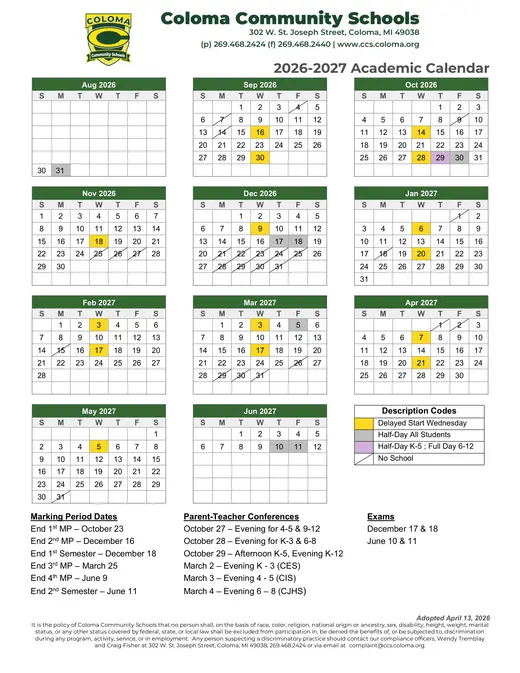 Coloma Community Schools 2026–2027 Academic Calendar Page 1