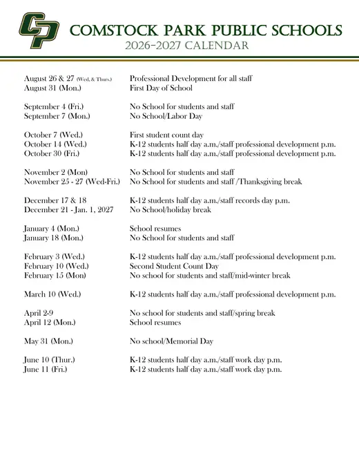 Comstock Park Public Schools 2026–2027 Academic Calendar Page 1