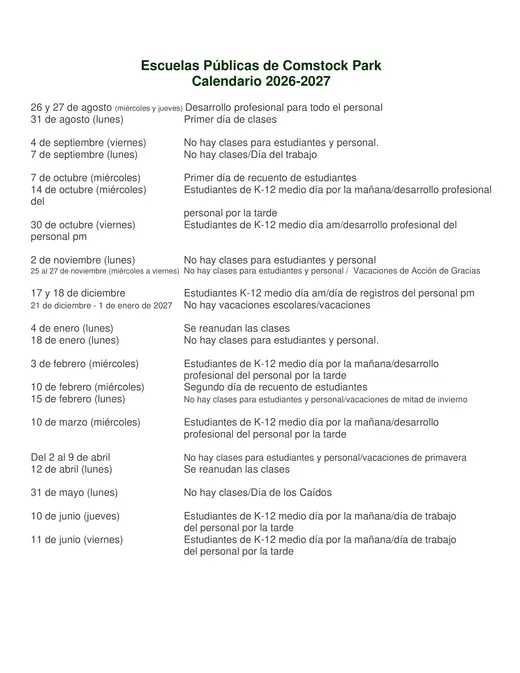 Comstock Park Public Schools 2026–2027 Academic Calendar Page 2
