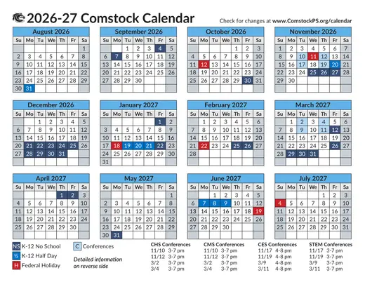 Comstock Public Schools 2026–2027 Academic Calendar Page 1