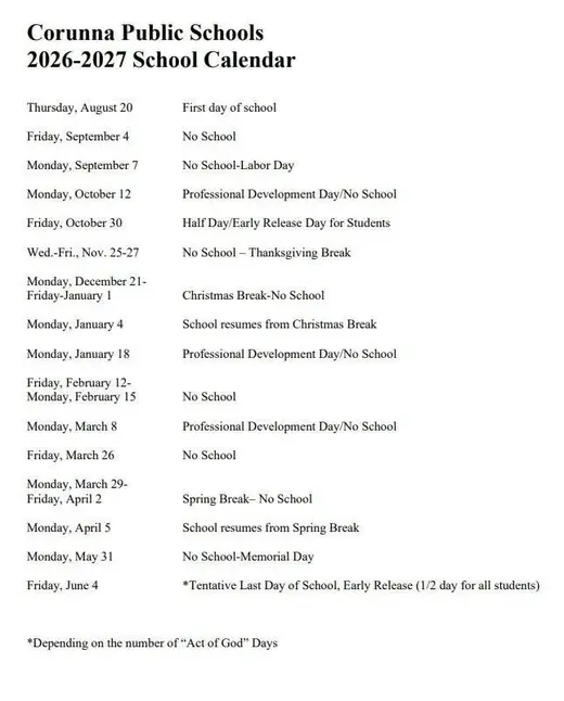 Corunna Public Schools 2026–2027 Academic Calendar Page 2