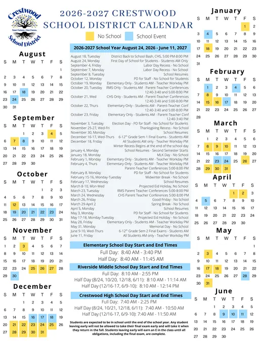 Crestwood School District 2026–2027 Academic Calendar Page 1