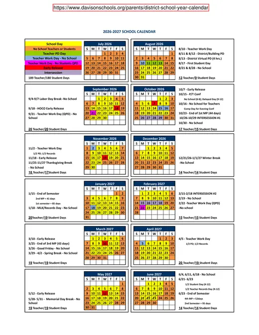 Davison Community Schools 2026–2027 Academic Calendar Page 1