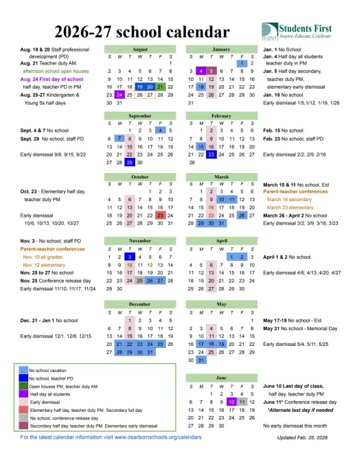 Dearborn Schools 2026–2027 Academic Calendar Page 1
