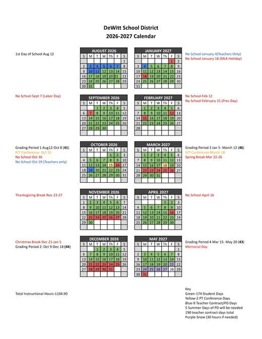 Dewitt School District 2026–2027 Academic Calendar Page 1