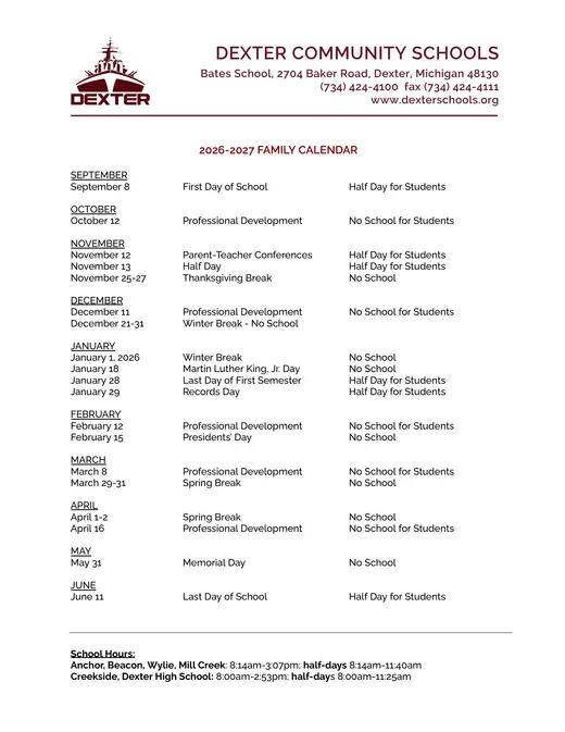 Dexter Community Schools 2026–2027 Academic Calendar Page 1
