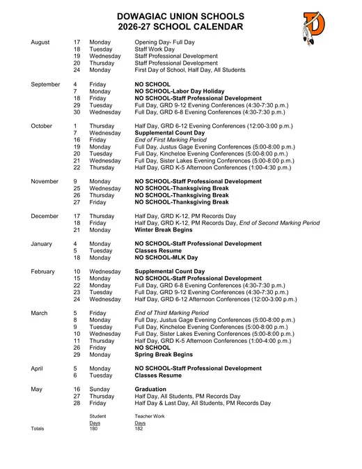 Dowagiac Union Schools 2026–2027 Academic Calendar Page 1