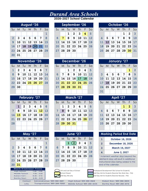 Durand Area Schools 2026–2027 Academic Calendar Page 1