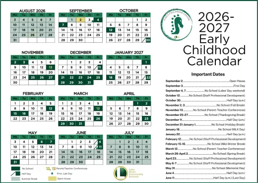 Early Childhood Center 2026–2027 Academic Calendar Page 2