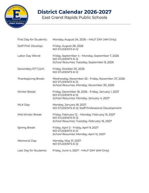 East Grand Rapids Public Schools 2026–2027 Academic Calendar Page 1