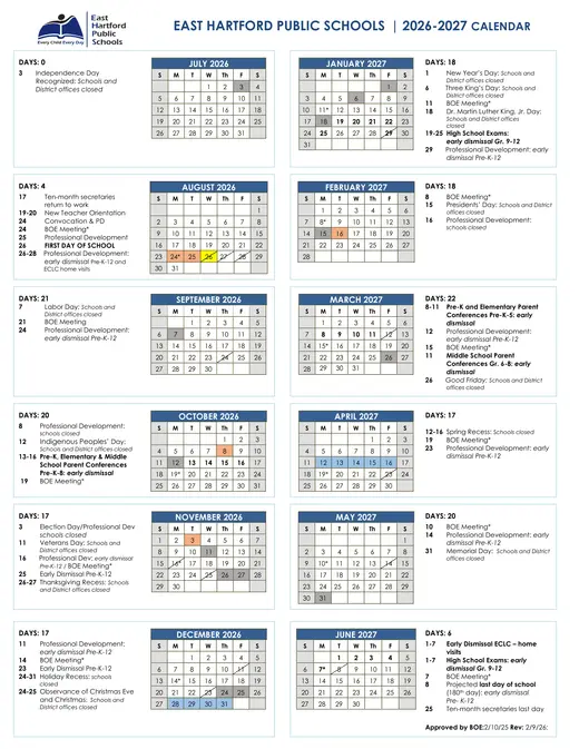 East Hartford Public Schools 2026–2027 Academic Calendar Page 1
