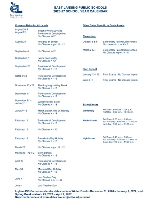 East Lansing Public Schools 2026–2027 Academic Calendar Page 3