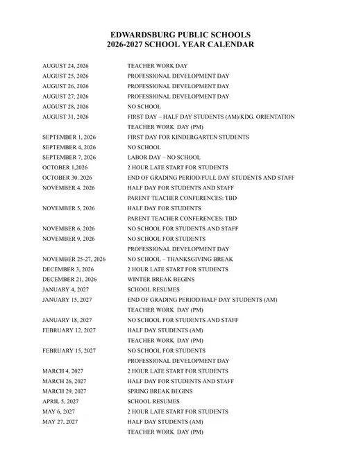 Edwardsburg Public Schools 2026–2027 Academic Calendar Page 1