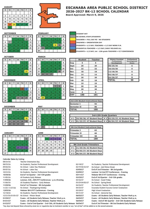 Escanaba Area Public School District 2026–2027 Academic Calendar Page 1