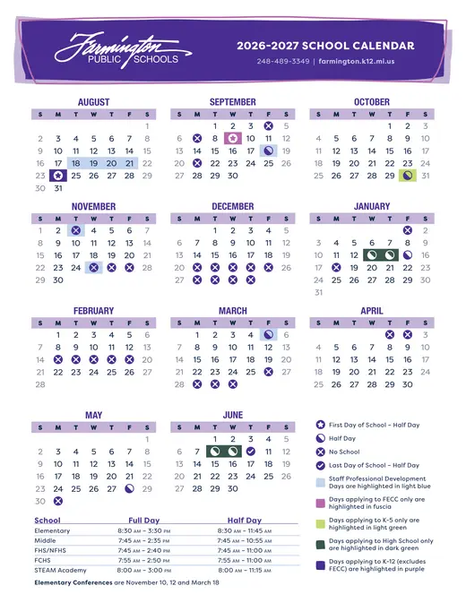 Farmington Public Schools 2026–2027 Academic Calendar