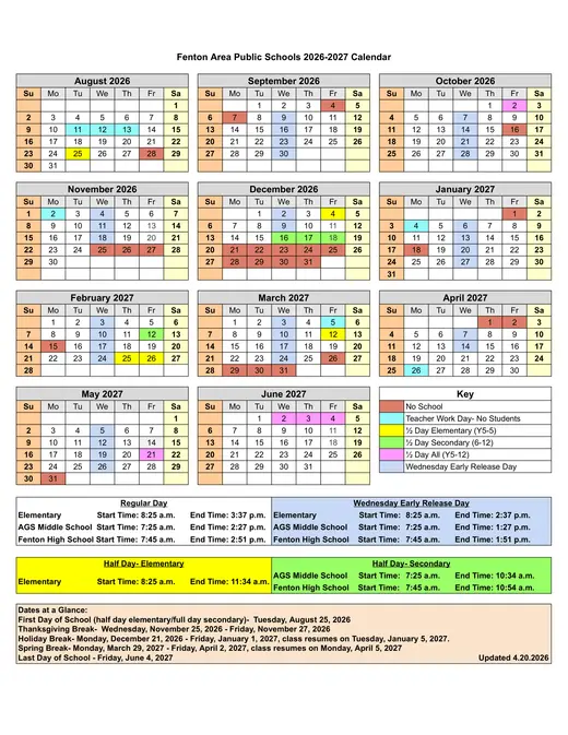 Fenton Area Public Schools 2026–2027 Academic Calendar Page 1