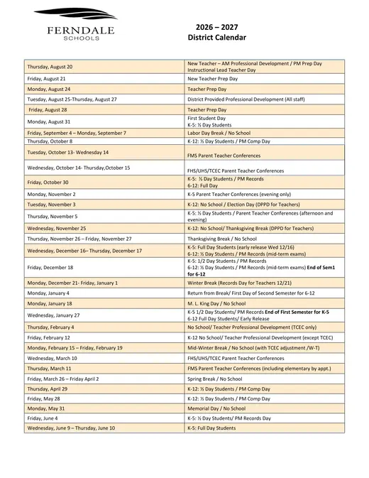 Ferndale Schools 2026–2027 Academic Calendar Page 1