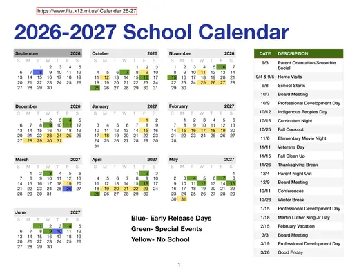 Fitzgerald Community School 2026–2027 Academic Calendar Page 1