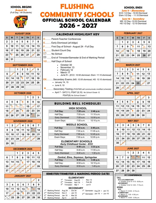 Flushing Community Schools 2026–2027 Academic Calendar Page 1