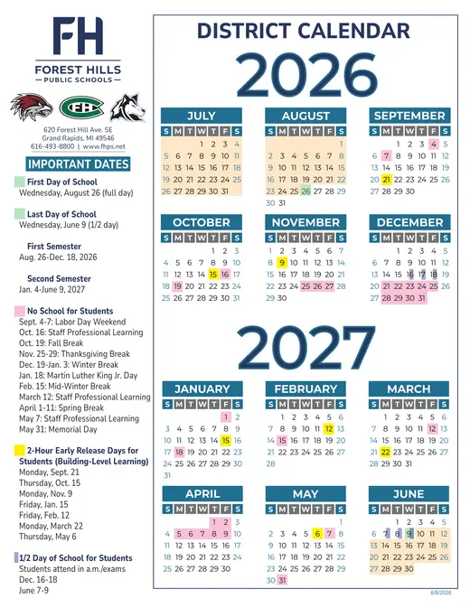 Forest Hills Public Schools 2026–2027 Academic Calendar Page 1