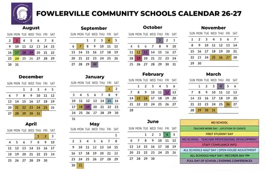 Fowlerville Community Schools 2026–2027 Academic Calendar Page 1