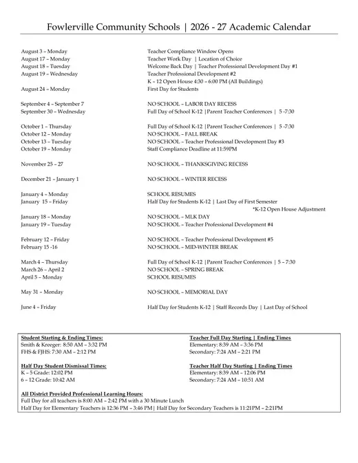 Fowlerville Community Schools 2026–2027 Academic Calendar Page 2