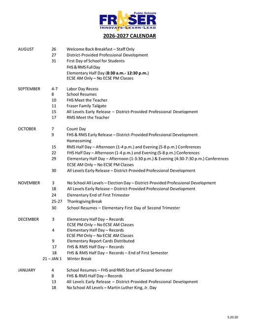Fraser Public Schools 2026–2027 Academic Calendar Page 1