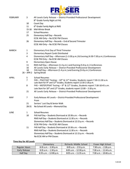 Fraser Public Schools 2026–2027 Academic Calendar Page 2